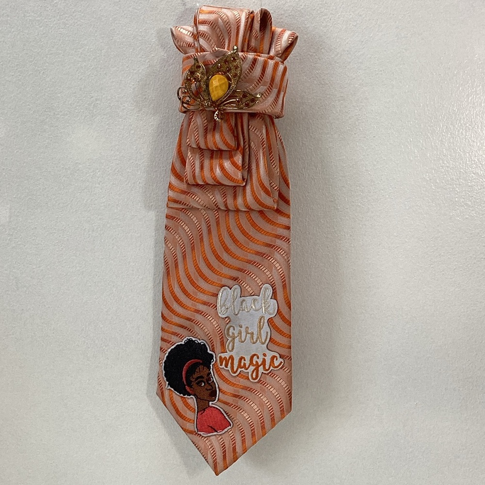 Junky Tie: Upcycled Orange Silk Tie with Black Girl Magic Design